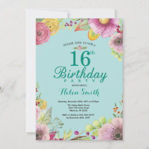 Floral 16th Birthday Invitation for Women Teal