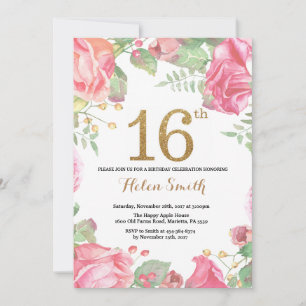 Floral 16th Birthday Invitation Gold Glitter