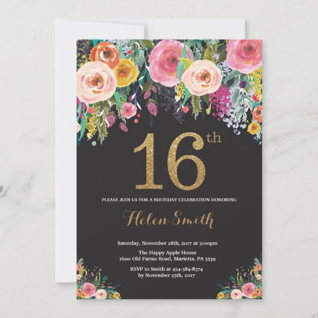 Floral 16th Birthday Invitation Gold Glitter (Front)