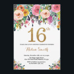 Floral 16th Birthday Invitation Gold Glitter<br><div class="desc">Floral 16th Birthday Invitation for Women. Watercolor Floral Flower. Gold Glitter. Pink,  Yellow,  Orange,  Purple Flower. Kids Birthday. Girl Lady Teen Teenage Bday. For further customisation,  please click the "Customise it" button and use our design tool to modify this template.</div>