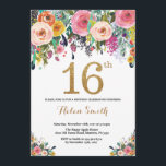Floral 16th Birthday Invitation Gold Glitter<br><div class="desc">Floral 16th Birthday Invitation for Women. Watercolor Floral Flower. Gold Glitter. Pink,  Yellow,  Orange,  Purple Flower. Kids Birthday. Girl Lady Teen Teenage Bday. For further customisation,  please click the "Customise it" button and use our design tool to modify this template.</div>