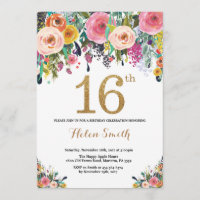 Floral 16th Birthday Invitation Gold Glitter