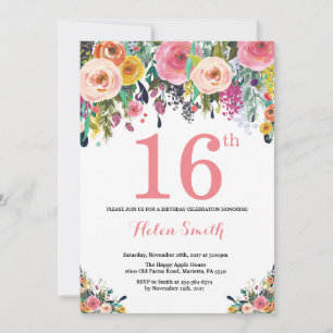 Floral 16th Birthday Invitation Pink
