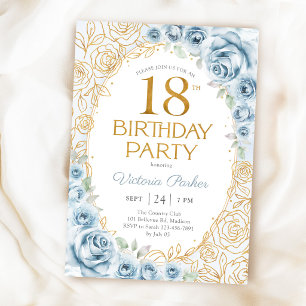 Floral 18th Birthday Baby Blue Gold Invitation