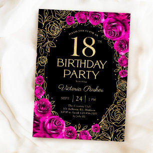 Floral 18th Birthday Fuchsia Pink Black & Gold Invitation