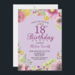 Floral 18th Birthday Invitation for Women Purple<br><div class="desc">Floral 18th Birthday Invitation for Women. Watercolor Floral,  Purple Background. For further customisation,  please click the "Customise it" button and use our design tool to modify this template.</div>