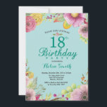 Floral 18th Birthday Invitation for Women Teal<br><div class="desc">Floral 18th Birthday Invitation for Women. Watercolor Floral,  Teal Aqua Turquoise Background. For further customisation,  please click the "Customise it" button and use our design tool to modify this template.</div>