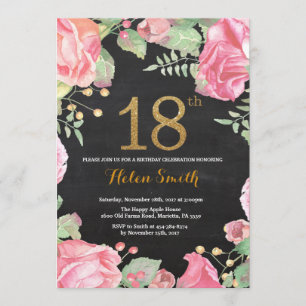 Floral 18th Birthday Invitation Gold Glitter