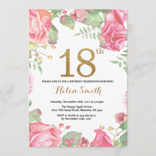 Floral 18th Birthday Invitation Gold Glitter