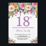 Floral 18th Birthday Invitation Purple<br><div class="desc">Floral 18th Birthday Invitation for Women. Watercolor Floral Flower. Pink,  Yellow,  Orange,  Purple Flower. Adult Birthday. 30th 40th 50th 60th 70th 80th 90th 100th 13th 15th 16th 18th 20th 21st Any Age. For further customisation,  please click the "Customise it" button and use our design tool to modify this template.</div>