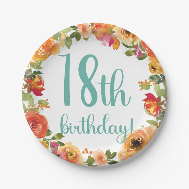 Floral 18th Birthday Paper Plate (Front)