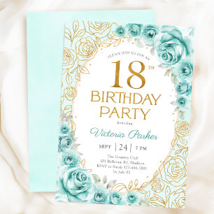 Floral 18th Birthday Turquoise Gold Invitation