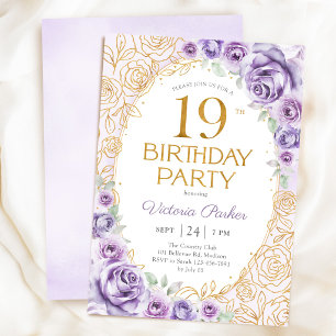 Floral 19th Birthday Lilac Purple Gold Invitation