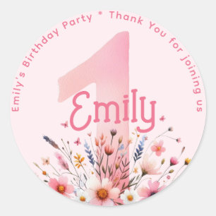 Floral 1 1st Birthday Thank You Favour ONE Custom Classic Round Sticker
