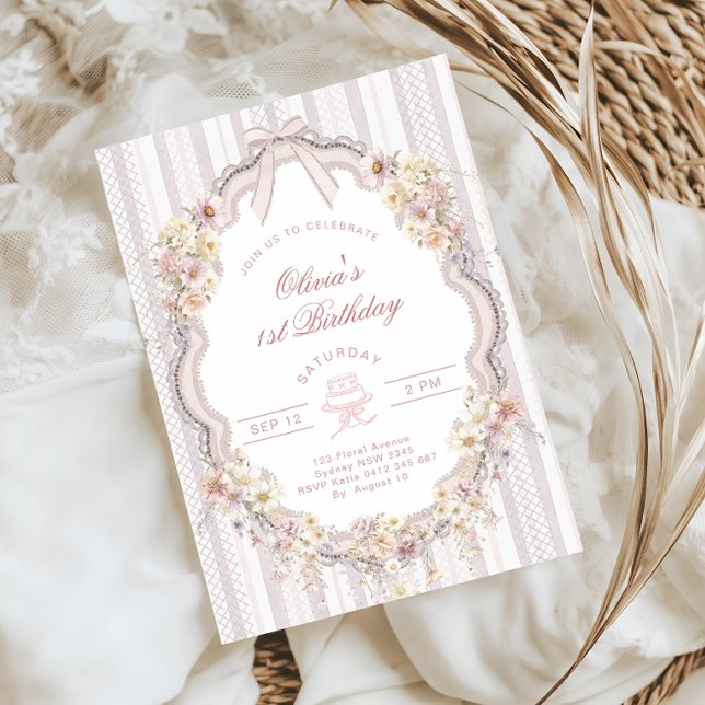 Floral 1st Birthday Bow Photo Invitation (Creator Uploaded)