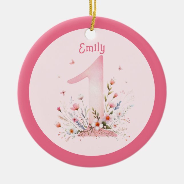 Floral 1st Birthday Custom One Fairy Princess Ceramic Tree Decoration (Front)