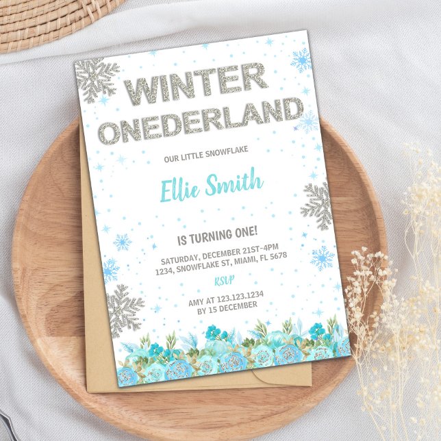 Floral 1st Birthday for Girls Invitation (Green Floral Winter ONEderland Invitations)