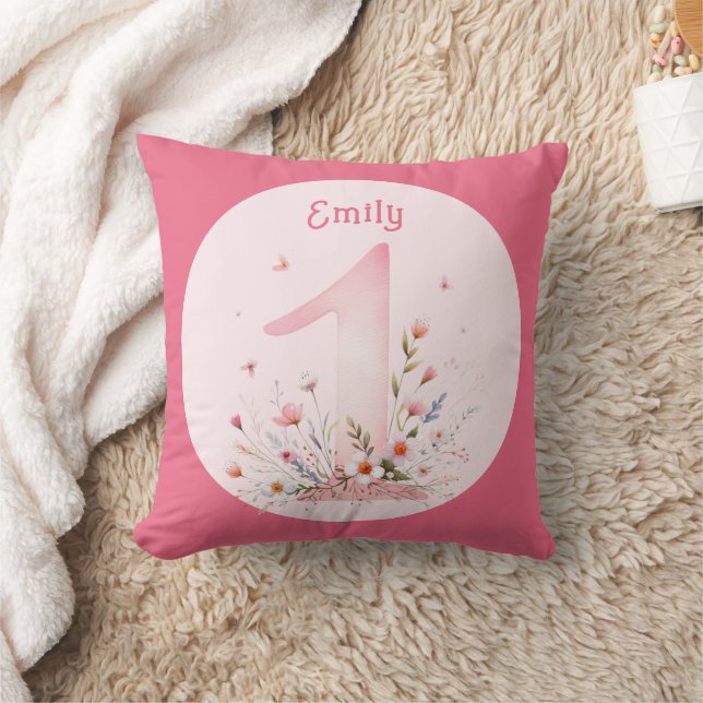Floral 1st Birthday PHOTO Gift Daughter Girls Cushion (Blanket)
