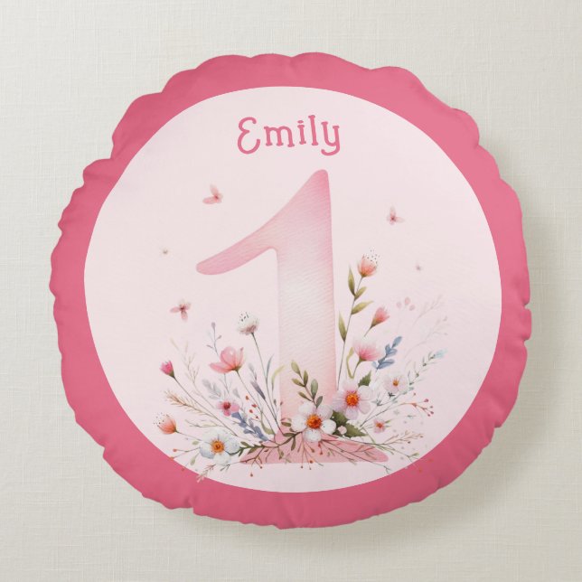 Floral 1st Birthday PHOTO Gift Daughter Girls Round Cushion (Front)