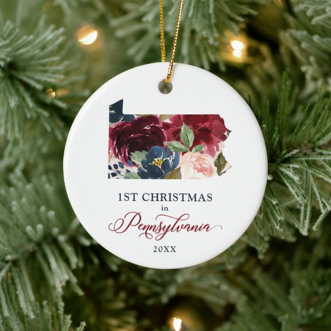 Floral 1st Christmas In Pennsylvania Personalised Ceramic Tree Decoration (Tree)