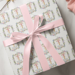 Floral 1st Holy Communion Cross with Pink Bow Wrapping Paper