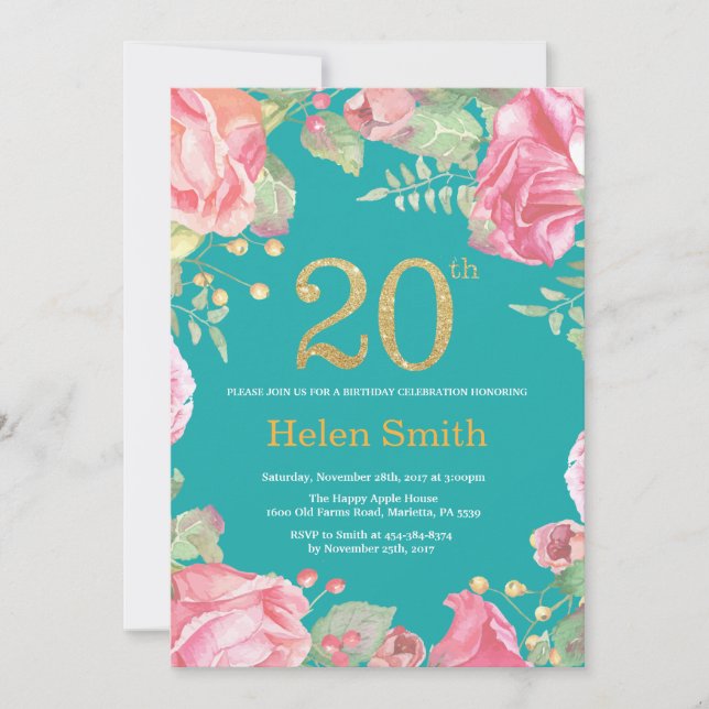 Floral 20th Birthday Gold Glitter and Teal Invitation (Front)