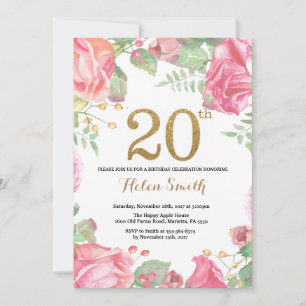 Floral 20th Birthday Invitation Gold Glitter