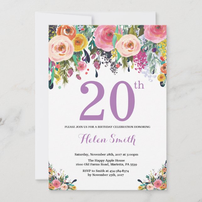 Floral 20th Birthday Invitation Purple (Front)
