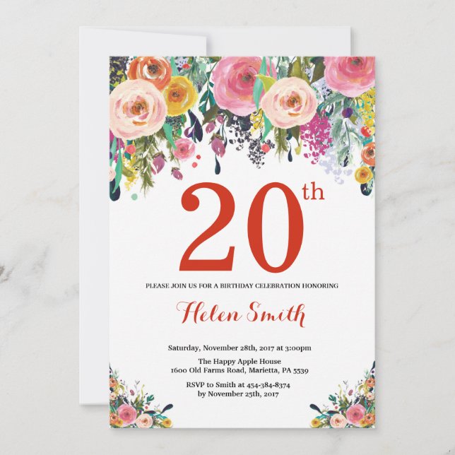 Floral 20th Birthday Invitation Red (Front)