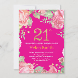 Floral 21st Birthday Gold Glitter and Hot Pink Invitation