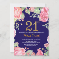 Floral 21st Birthday Gold Glitter Navy Blue
