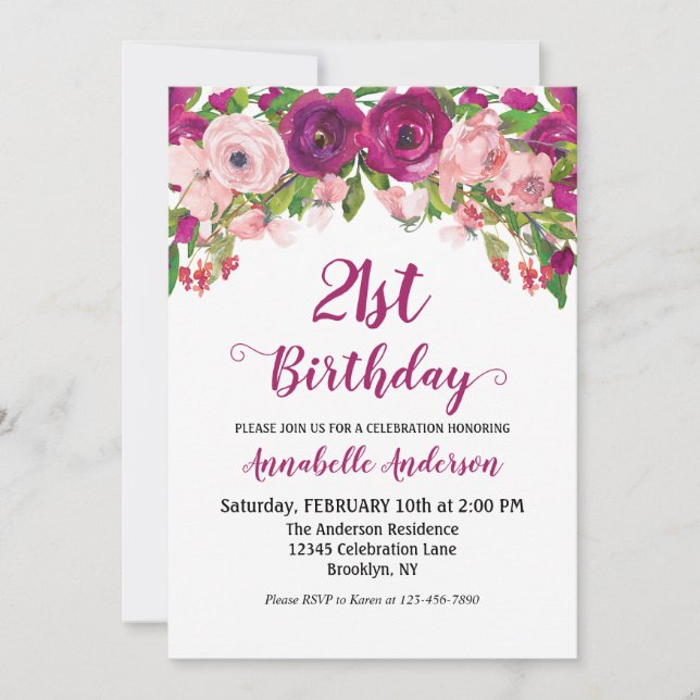 Floral 21st Birthday Purple Pink Modern Watercolor Invitation (Front)