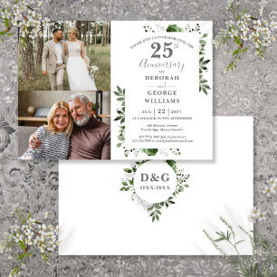 Floral 25th Wedding Anniversary Then & Now 2 Photo Invitation