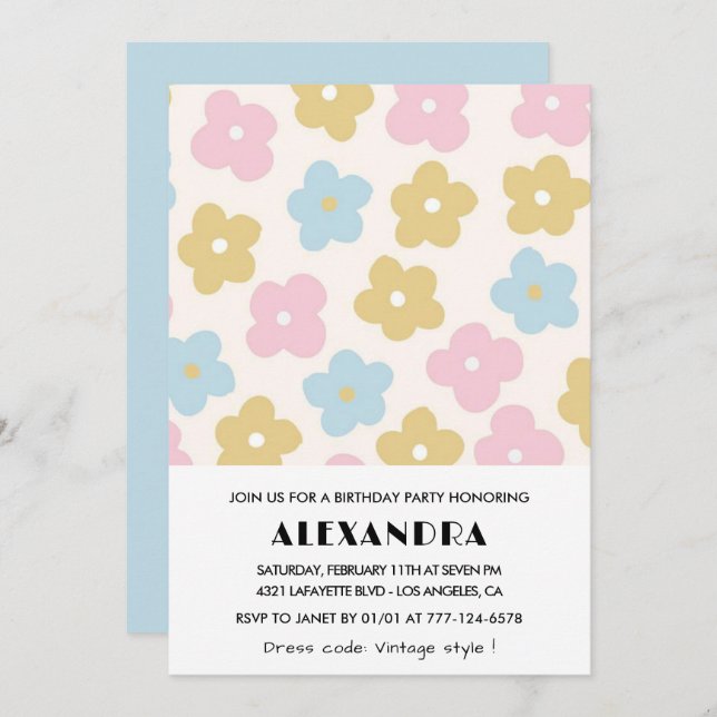 Floral 29th birthday invitations Retro Blue Pink  (Front/Back)