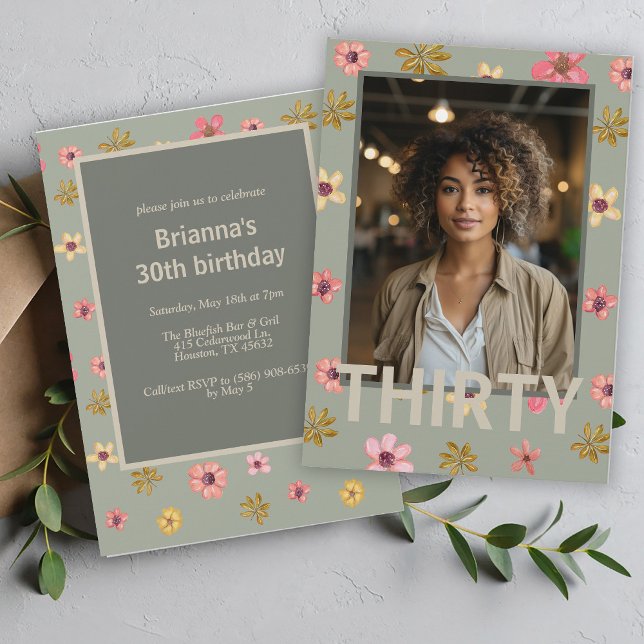 Floral 30 Thirty Birthday Party Boho Modern Pretty Invitation (Creator Uploaded)