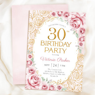 Floral 30th Birthday Blush Pink Gold Invitation