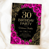 Floral 30th Birthday Fuchsia Pink Black & Gold