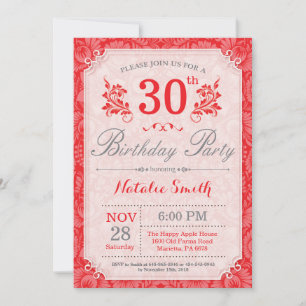 Floral 30th Birthday Invitation Red for Women