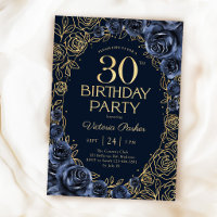 Floral 30th Birthday Navy Blue Gold