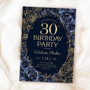 Floral 30th Birthday Navy Blue Gold Invitation