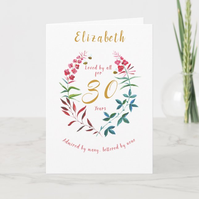 Floral 30th Birthday Watercolor Red Blue flowers Card (Front)