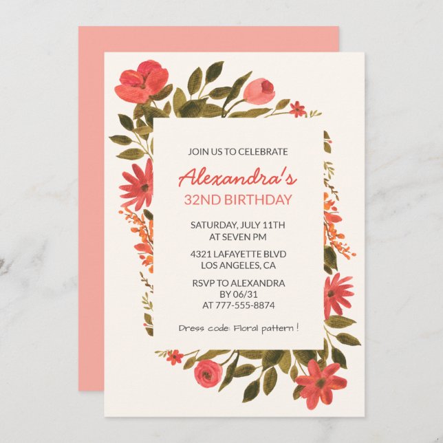 Floral 34th birthday invitations Boho Elegant (Front/Back)