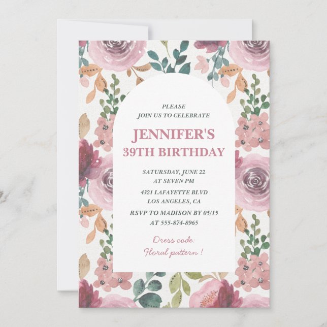 Floral 39th birthday invitations Chic Watercolor (Front)