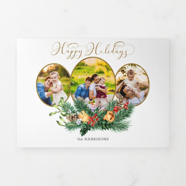 Floral 3-Photo Gold Happy Holidays Script Tri-Fold Holiday Card (Cover)