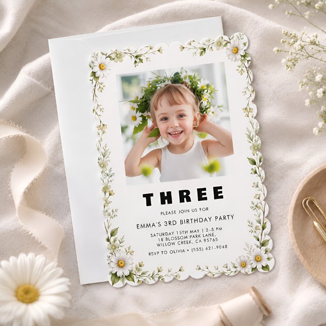 Floral 3rd Birthday Photo Invitation (Creator Uploaded)