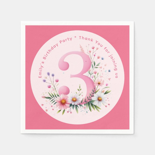 Floral 3th Birthday Custom Three Fairy Princess Napkin (Front)