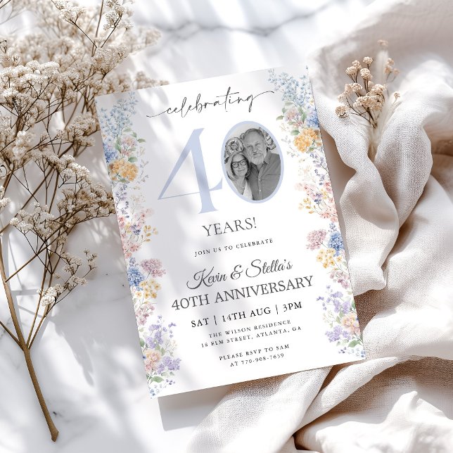 Floral 40th Anniversary Invitation With Photo (Creator Uploaded)