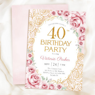 Floral 40th Birthday Blush Pink Gold Invitation