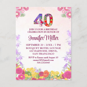 Floral 40th Birthday - Elegant Pastel 40 Years Invitation Postcard