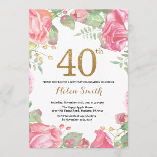 Floral 40th Birthday Invitation Gold Glitter